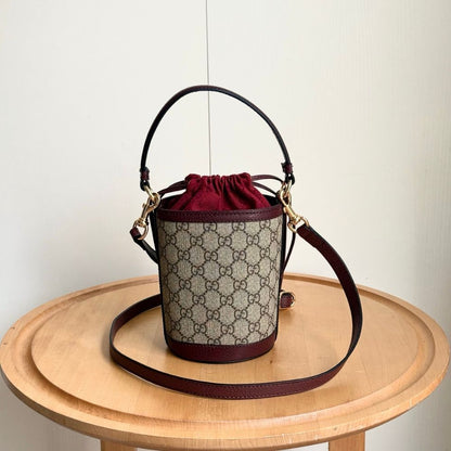 Gucci Ophidia Mini Bucket Bag Beige And Dark Red 20Cm