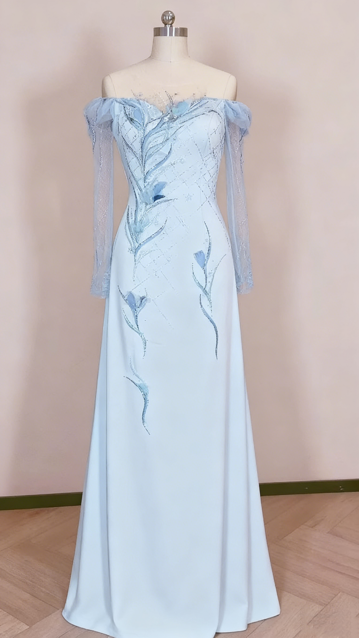 Formal Dress Light Blue Satin Sheer Long-Sleeve Beaded Floral Floor-Length Gown  gh6389