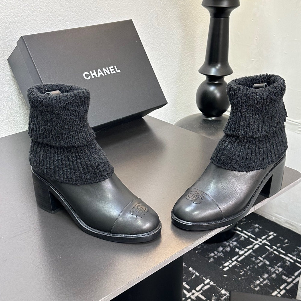 CHANEL LEATHER KNIT BOOTS BLACK