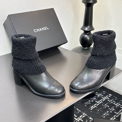 CHANEL LEATHER KNIT BOOTS BLACK