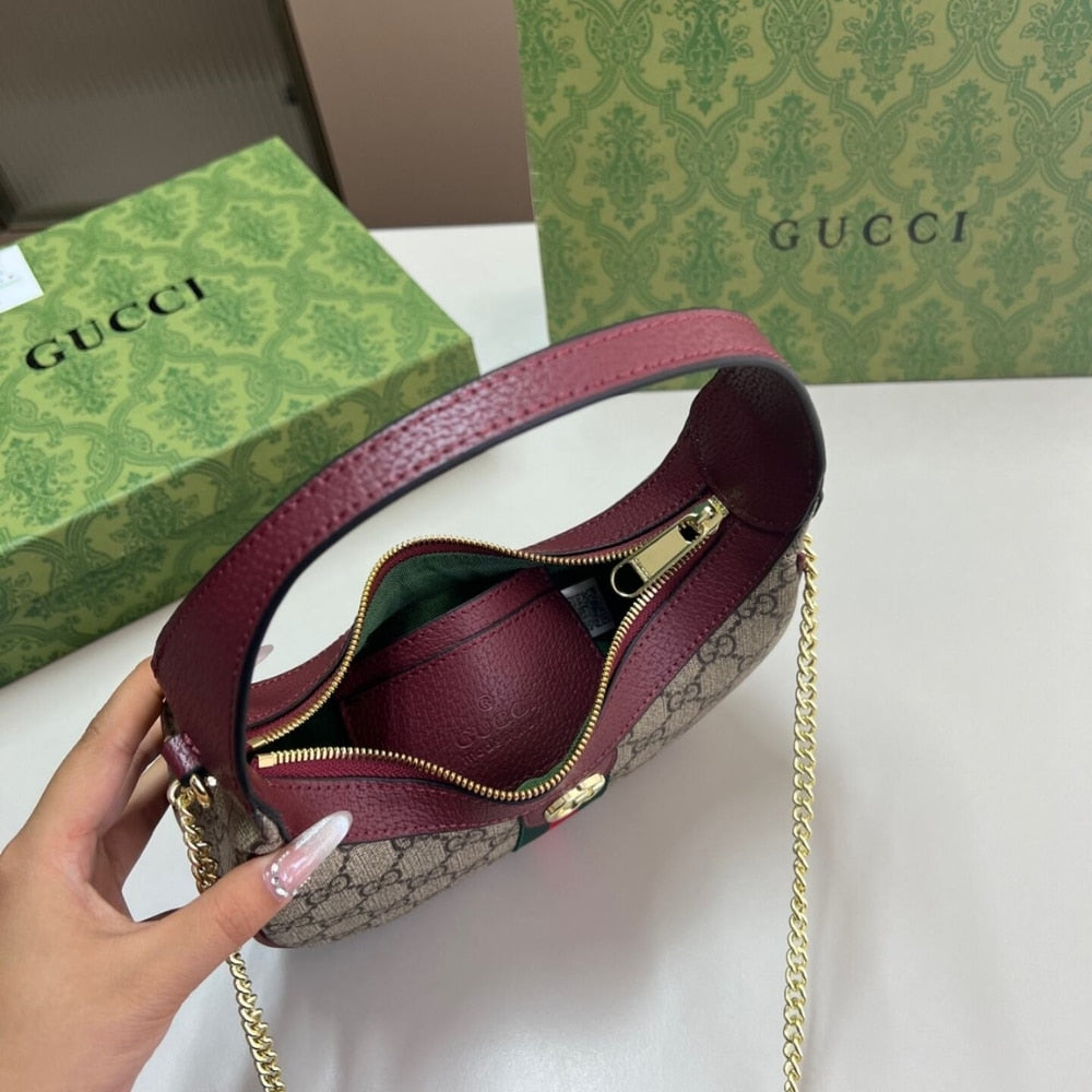 Gucci Ophidia Small Shoulder Bag Beige And Dark Red GG Fabric 22Cm ‎838463 FAE0P 9789