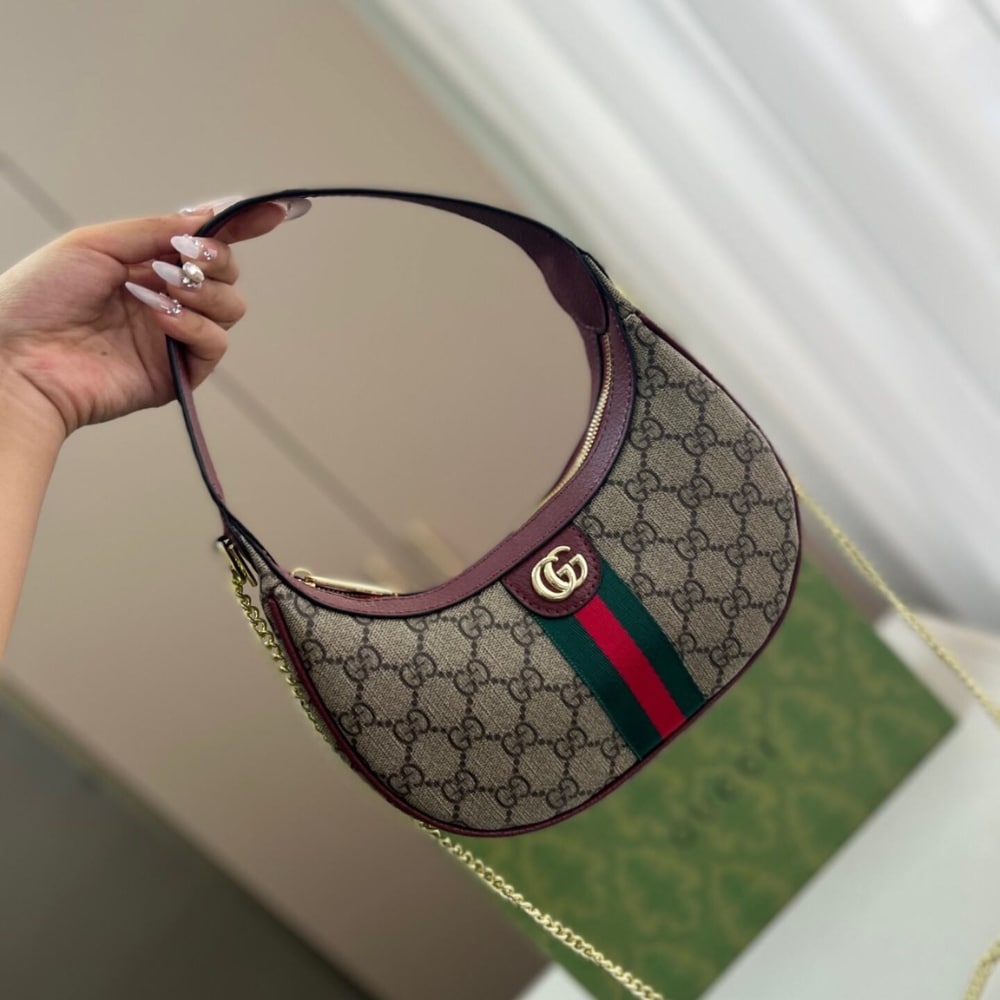 Gucci Ophidia Small Shoulder Bag Beige And Dark Red GG Fabric 22Cm ‎838463 FAE0P 9789