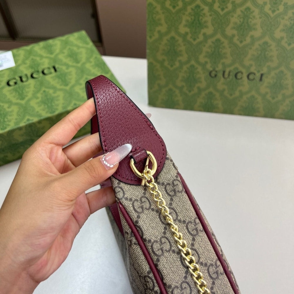 Gucci Ophidia Small Shoulder Bag Beige And Dark Red GG Fabric 22Cm ‎838463 FAE0P 9789