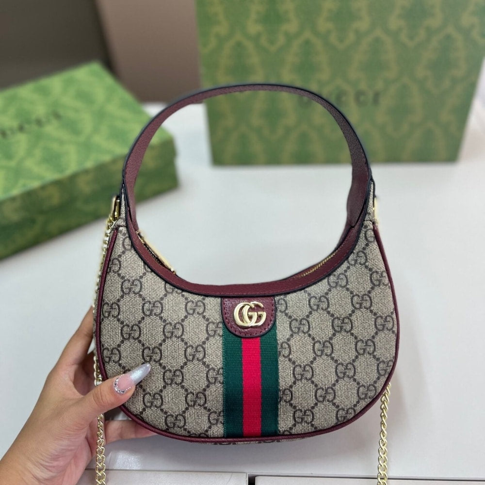 Gucci Ophidia Small Shoulder Bag Beige And Dark Red GG Fabric 22Cm ‎838463 FAE0P 9789