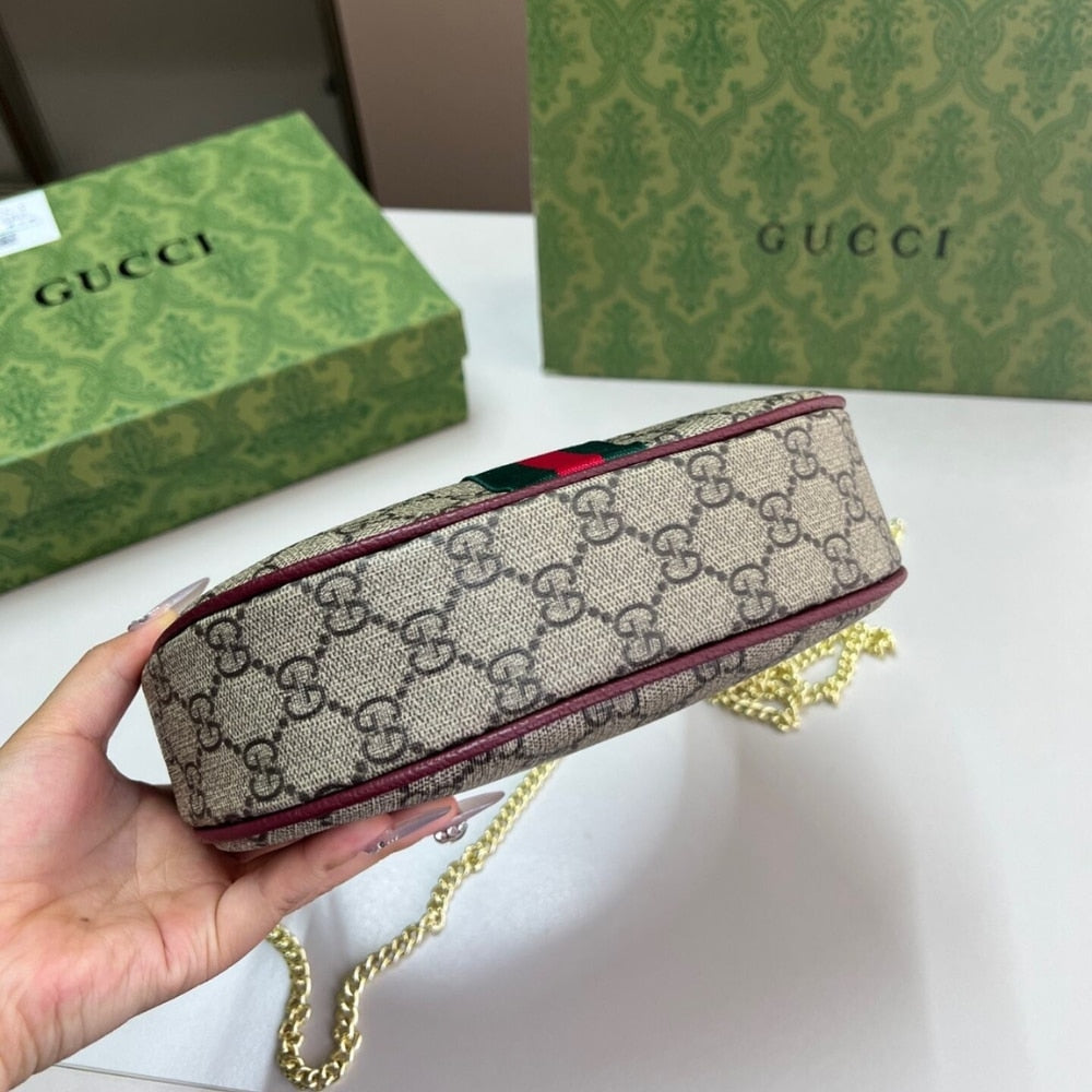Gucci Ophidia Small Shoulder Bag Beige And Dark Red GG Fabric 22Cm ‎838463 FAE0P 9789