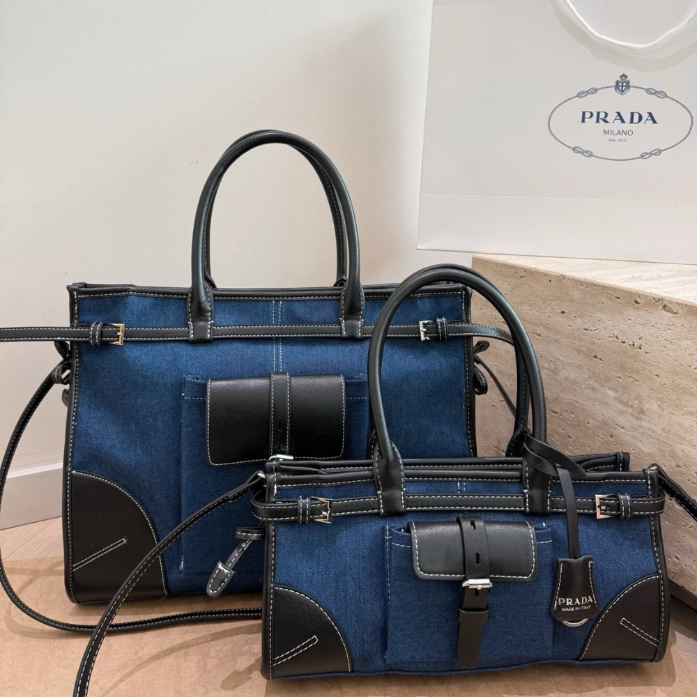 Prada Bonnie Large Denim Handbag Blue Black 38cm