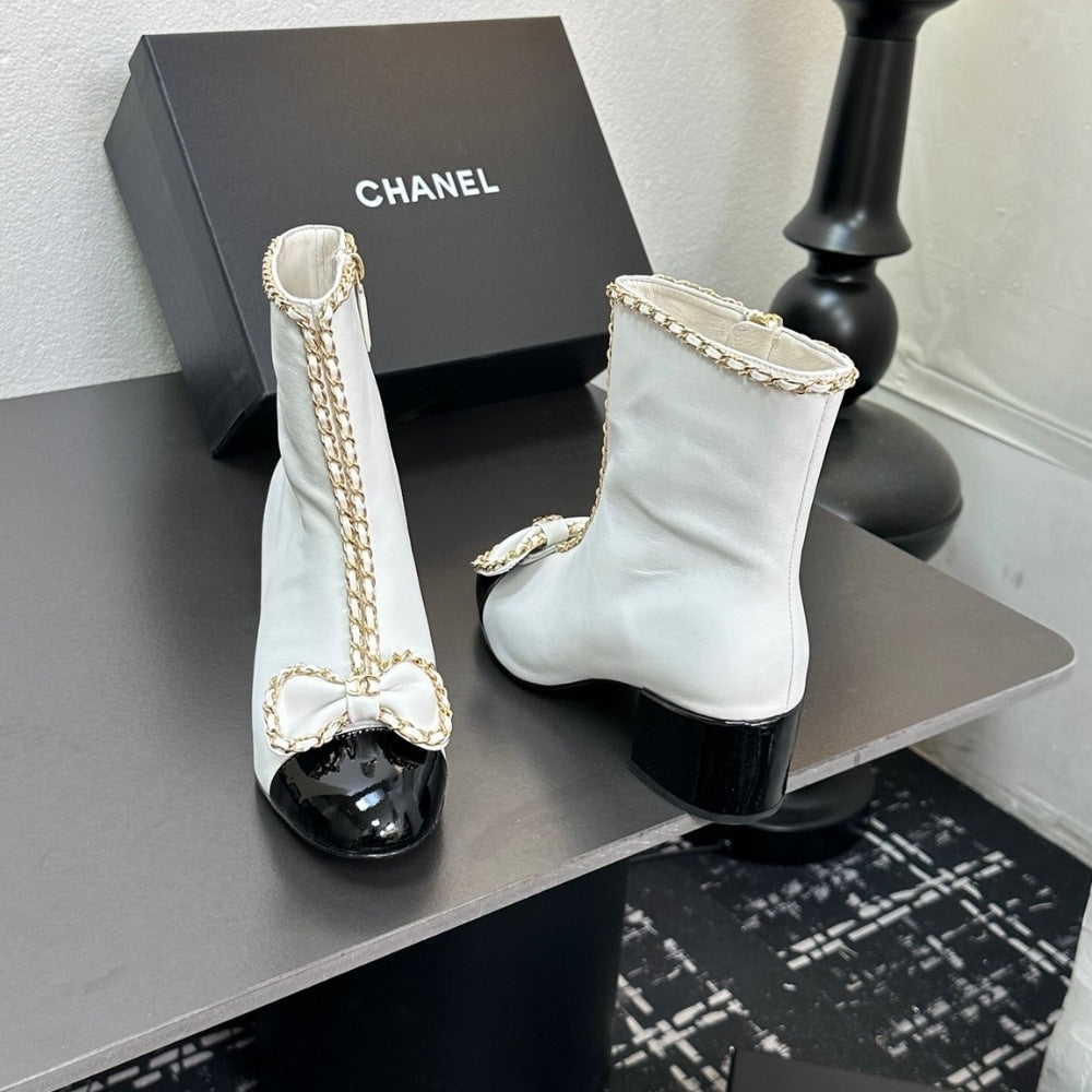 CHANEL RIBBON CHAIN BOOTS WHITE