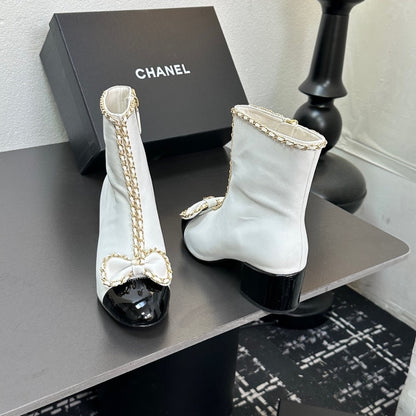 CHANEL RIBBON CHAIN BOOTS WHITE