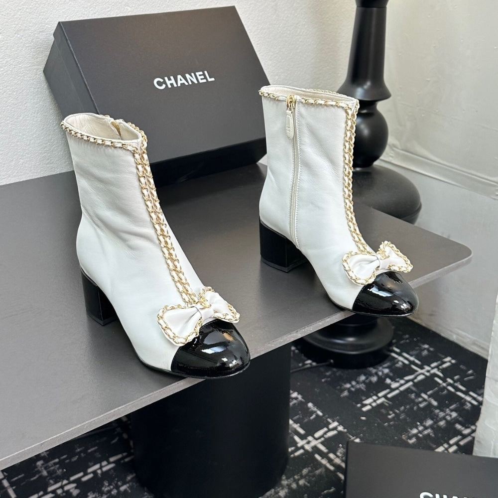 CHANEL RIBBON CHAIN BOOTS WHITE