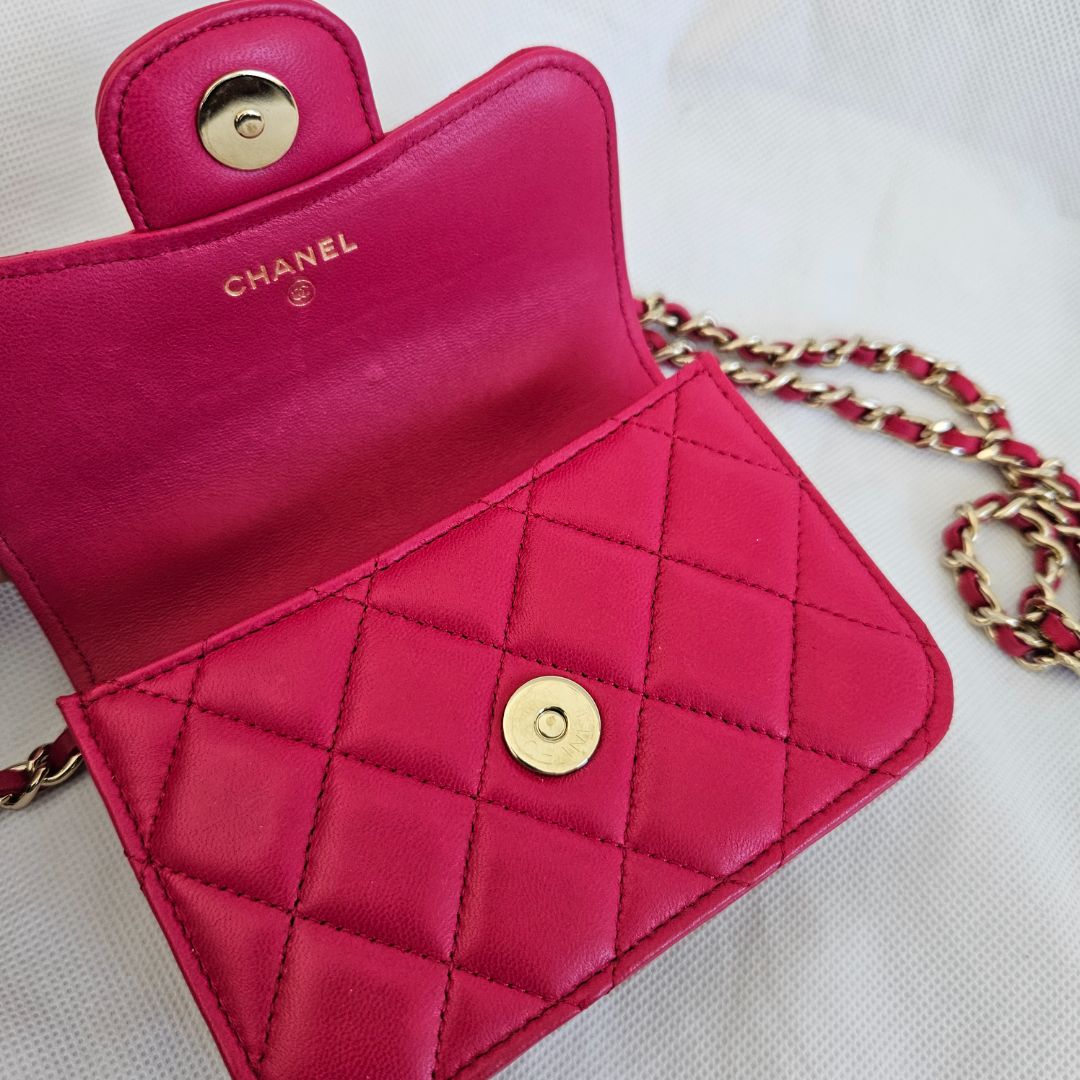 Chanel dark pink quilted lambskin top handle micro top handle flap bag