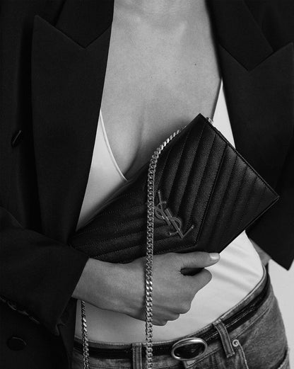 Saint Laurent CLASSIC CASSANDRE CHAIN WALLET IN GRAIN DE POUDRE LEATHER