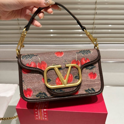 VALENTINO GARAVANI LOCÒ CHERRYFIC MOTIF SMALL SHOULDER BAG BROWN 20CM