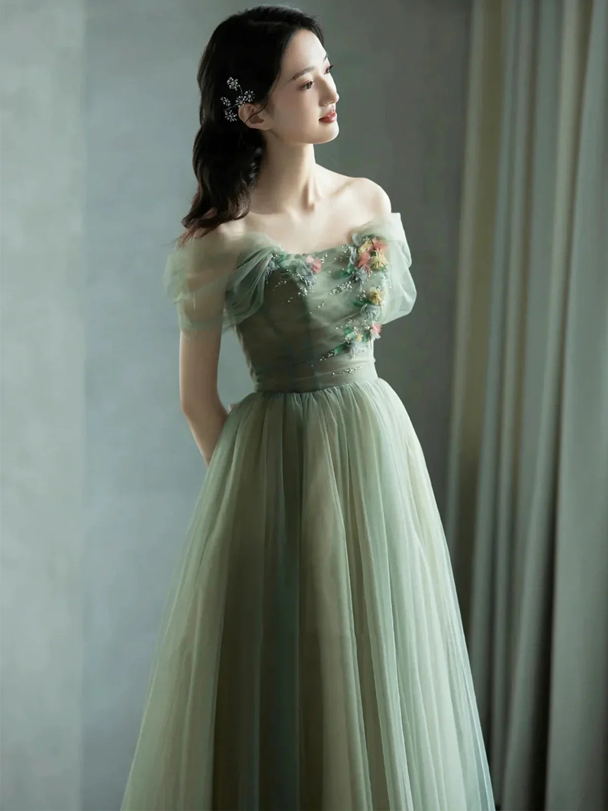 Green beautiful charming floral applique tulle long formal prom dress, evening dress, party dress gh2530