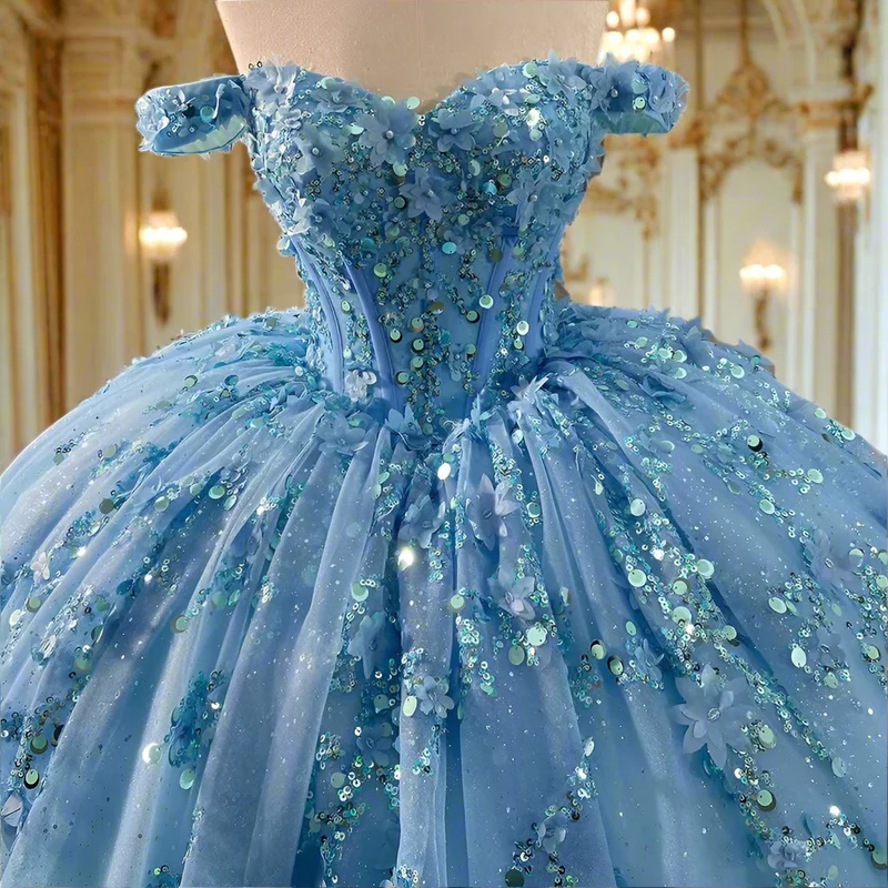 Sparkly Blue Sequins Beaded Ball Gown Luxury Off The Shoulder Sweet 16 Dress Birthday Dress cc1682
