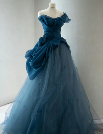 Retro Elegant Navy Blue One-shoulder Tulle Long Ball Gown Evening Dress cc5286