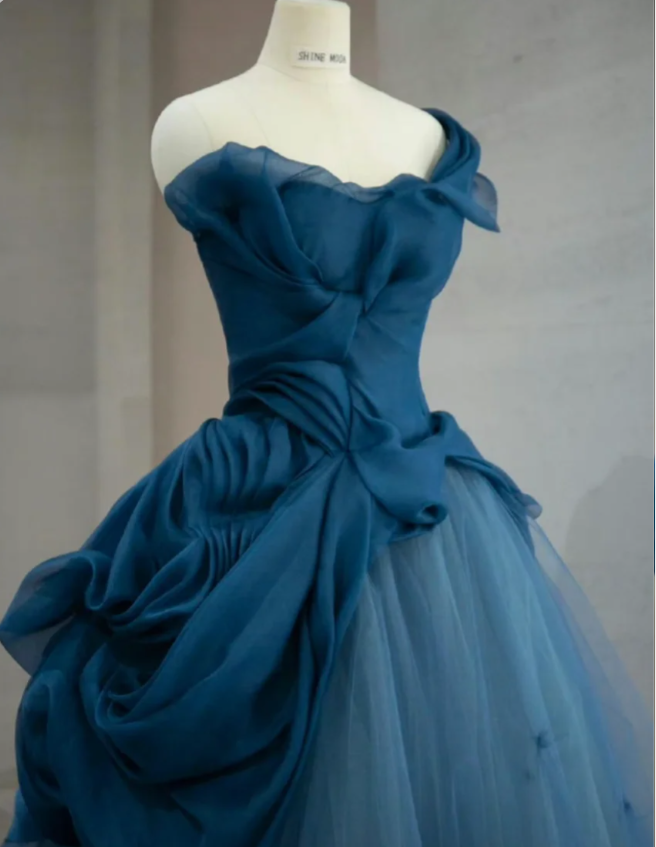 Retro Elegant Navy Blue One-shoulder Tulle Long Ball Gown Evening Dress cc5286