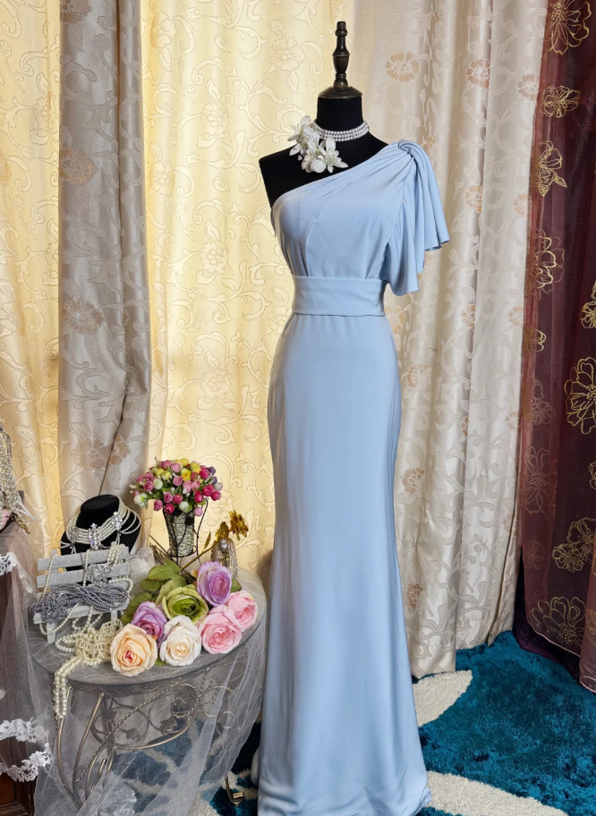 Classy One Shoulder Haze Blue Satin Pleated Mermaid Long Wedding Guest Dress Formal Birthday Evening Dress SP1618