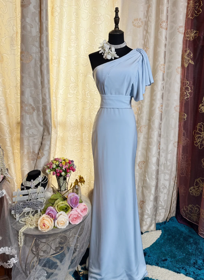 Classy One Shoulder Haze Blue Satin Pleated Mermaid Long Wedding Guest Dress Formal Birthday Evening Dress SP1618