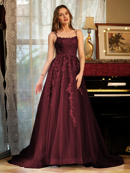 A-line princess chiffon thin shoulder strap embroidered long ball dress