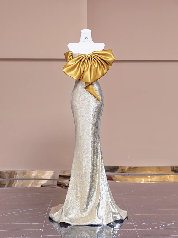 Gold bow neckline, silver sequined, fitted waist, bodycon long ball gown R8376