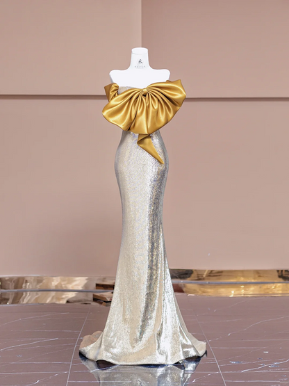 Gold bow neckline, silver sequined, fitted waist, bodycon long ball gown R8376