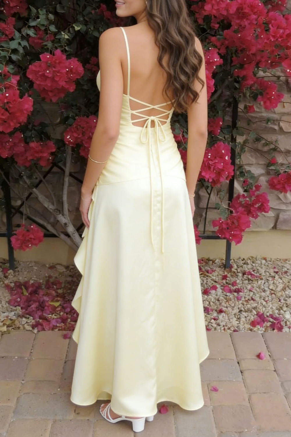 Light Yellow Satin Spaghetti Strap Maxi Dress - V-Neck Ruffle High-Slit Garden Party/Beach Vacation/Light Evening Dress gh6996