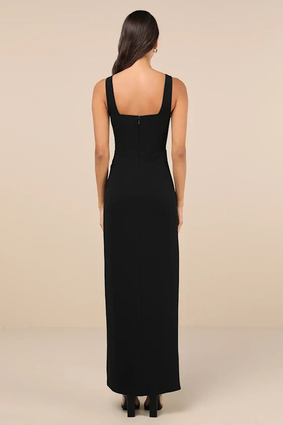 square neckline off shoulder sleeveless backless side slit and floor length evening dress