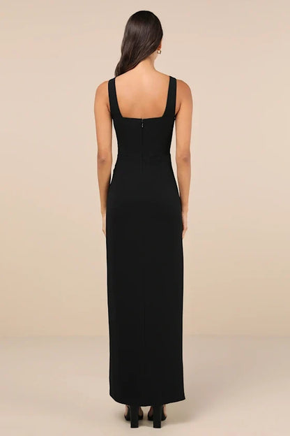 square neckline off shoulder sleeveless backless side slit and floor length evening dress