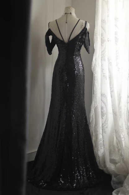 Black sequined off-the-shoulder halter-neck fitted long ball gown R6814