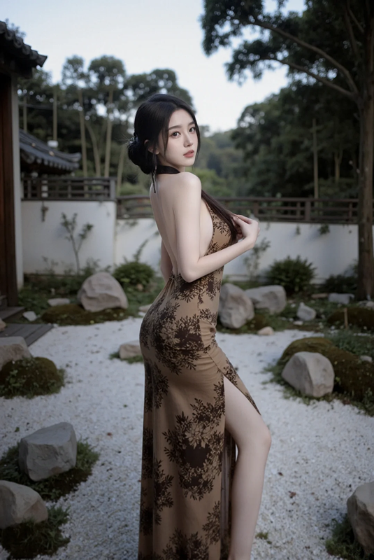 Brown halter-neck, backless, sexy, fitted, bodycon long ball gown R7534