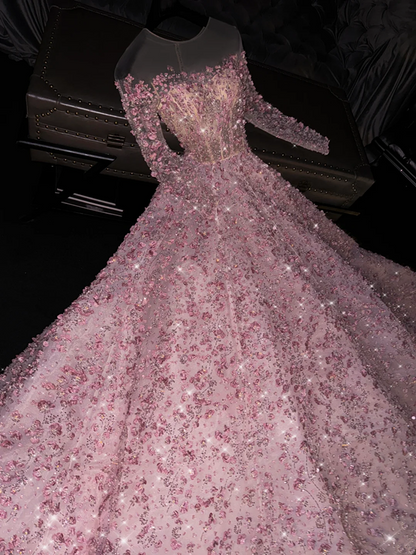 Light pink round neck long sleeve fitted waist long ball gown/bridal dress R8771