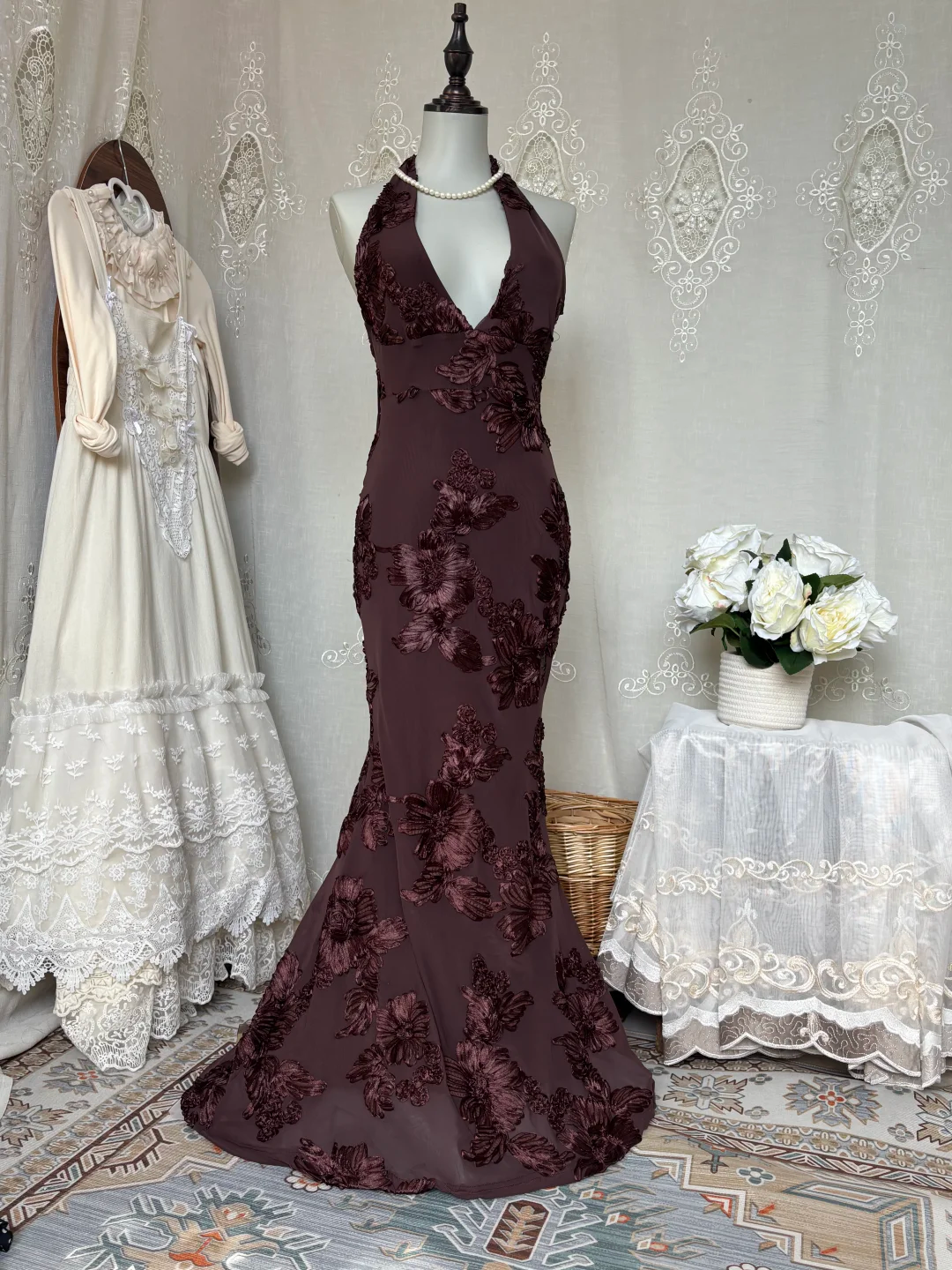 Retro Brown Halter Neck Fitted Hip Hugging Sexy Evening Gown gh7142