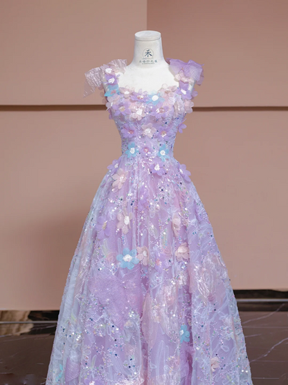 Light purple floral print halter top, fitted A-line skirt, long ball gown/bridal dress R8342