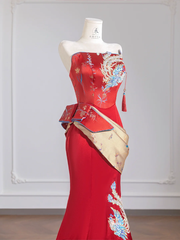 Red strapless, fitted waist, bodycon, sexy and elegant long ball gown/bridal dress R8255