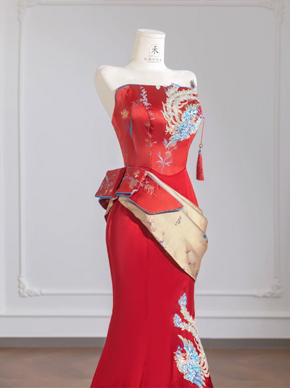 Red strapless, fitted waist, bodycon, sexy and elegant long ball gown/bridal dress R8255