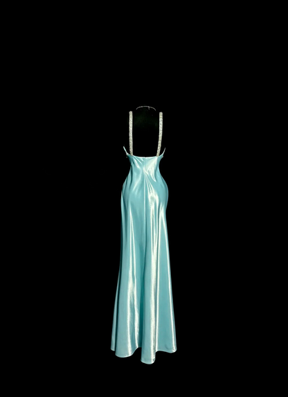 Light blue halter-neck fitted backless long sexy ball gown R8104