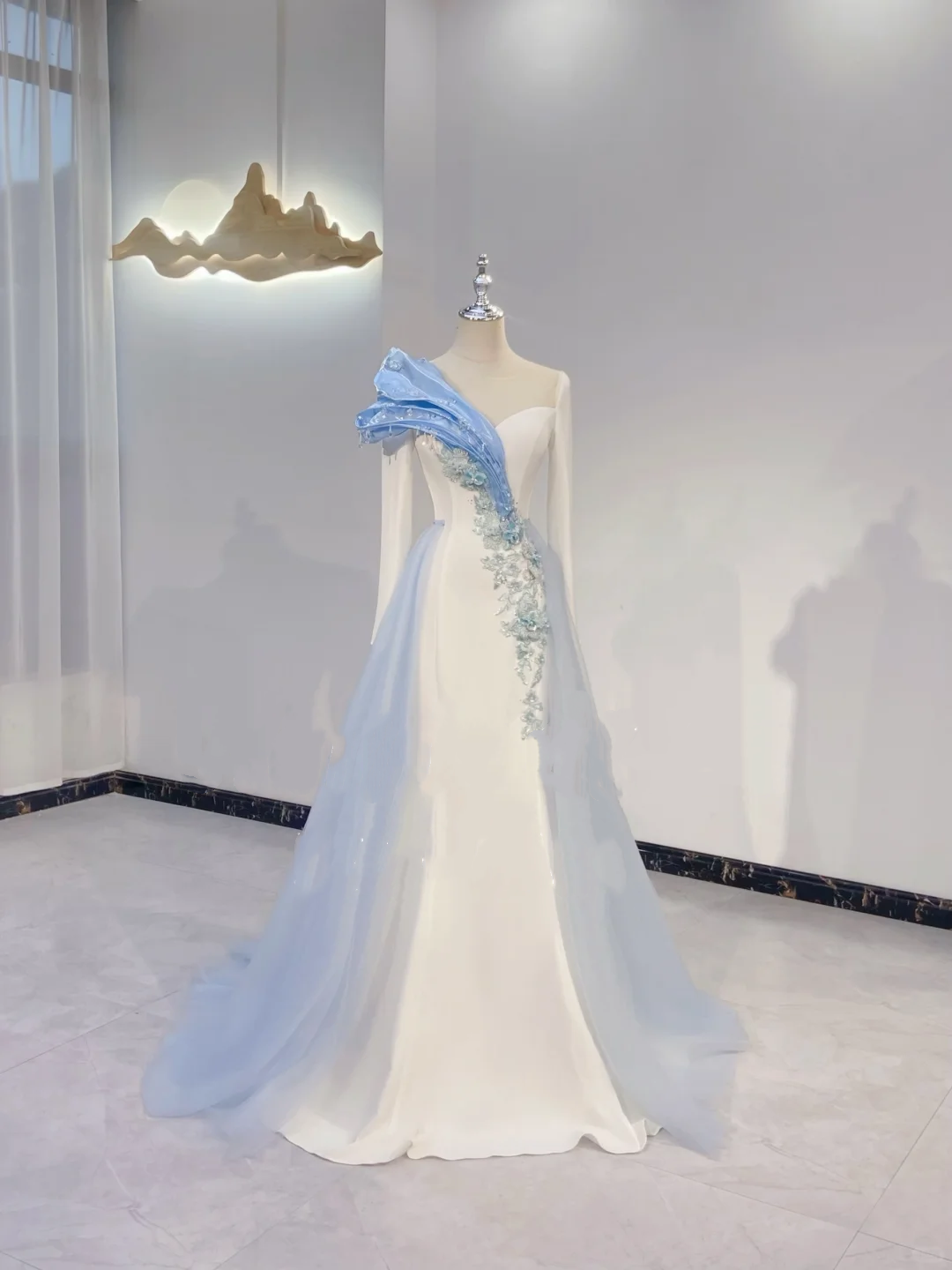 Light Blue and White Color Block Long Sleeve Waist-Cinched Slimming Long Evening Dress, Fairy Gown, Romantic Gown gh7389