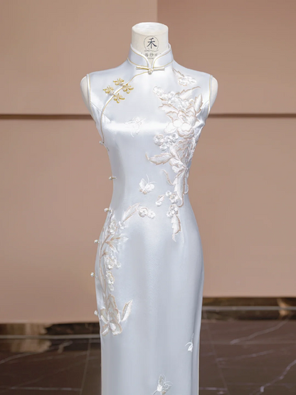 White Chinese-style cheongsam, fitted waist, long ball gown, bridal dress R8285