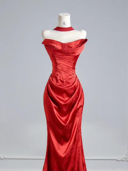 Red strapless satin fitted long ball gown R8148