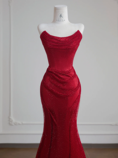Deep red strapless fitted waist bodycon long sexy ball gown/bridal dress R8235