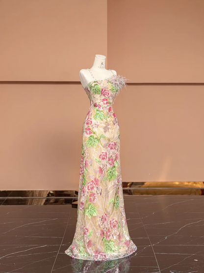 Apricot-colored delicate floral print halter-neck slim-fit elegant ball gown/bridal dress R8490