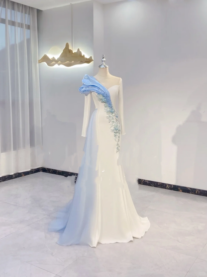 Light Blue and White Color Block Long Sleeve Waist-Cinched Slimming Long Evening Dress, Fairy Gown, Romantic Gown gh7389