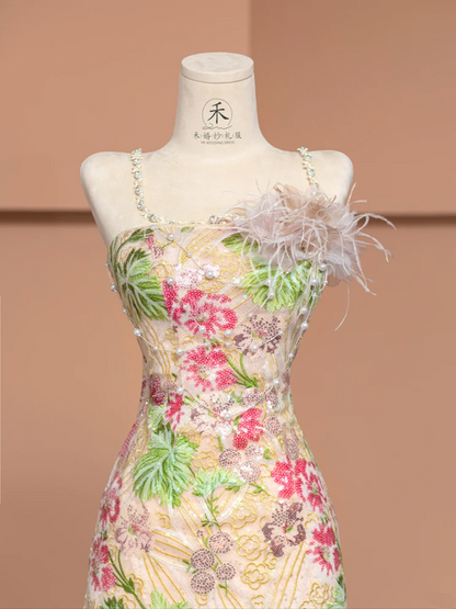 Apricot-colored delicate floral print halter-neck slim-fit elegant ball gown/bridal dress R8490