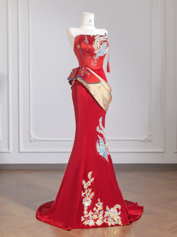 Red strapless, fitted waist, bodycon, sexy and elegant long ball gown/bridal dress R8255