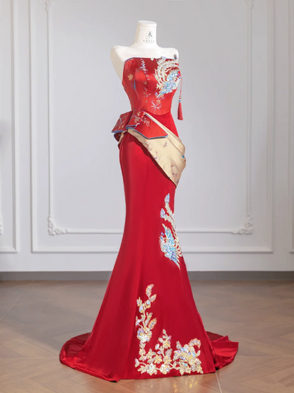 Red strapless, fitted waist, bodycon, sexy and elegant long ball gown/bridal dress R8255