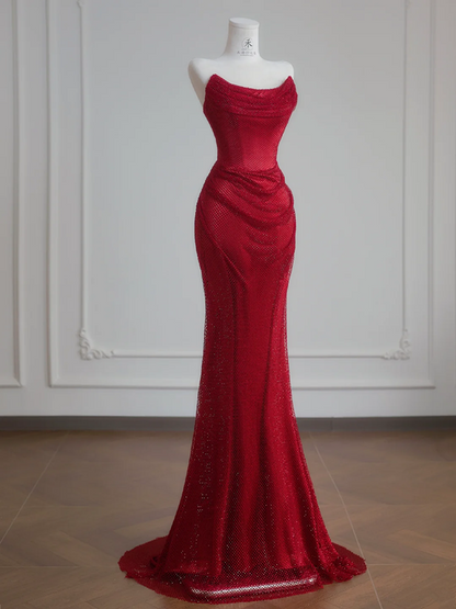 Deep red strapless fitted waist bodycon long sexy ball gown/bridal dress R8235