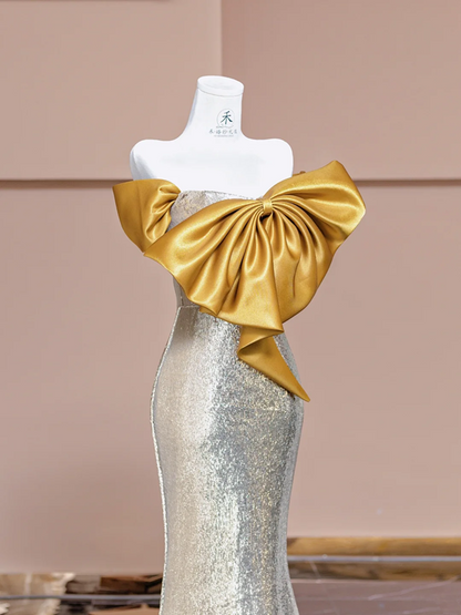 Gold bow neckline, silver sequined, fitted waist, bodycon long ball gown R8376