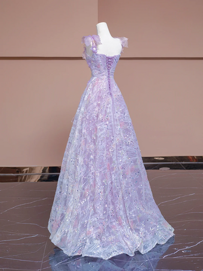 Light purple floral print halter top, fitted A-line skirt, long ball gown/bridal dress R8342