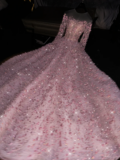 Light pink round neck long sleeve fitted waist long ball gown/bridal dress R8771