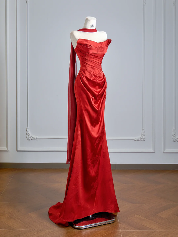 Red strapless satin fitted long ball gown R8148